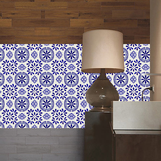 Blue Mandala Wallpaper Panel Set Flower Boho Peel and Stick Wall Decor for Bathroom Clearhalo 'Wall Decor' 'Wallpaper' 1785040