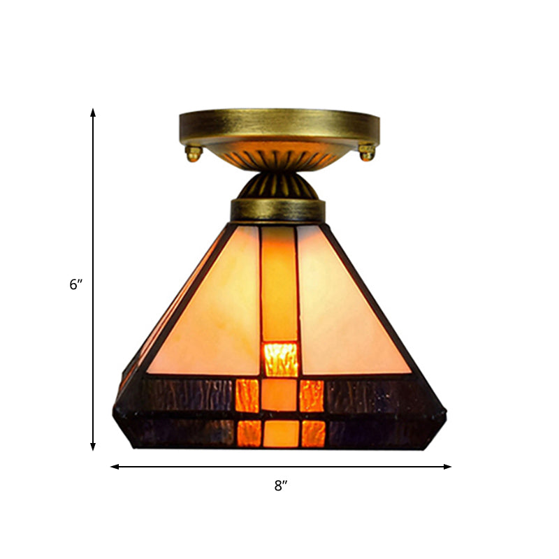 Vintage Tiffany Craftsman Flush Ceiling Light 1 Light Stained Glass Ceiling Lamp in Black/Antique Brass for Corridor Clearhalo 'Ceiling Lights' 'Close To Ceiling Lights' 'Close to ceiling' 'Glass shade' 'Glass' 'Semi-flushmount' 'Tiffany close to ceiling' 'Tiffany' Lighting' 178505
