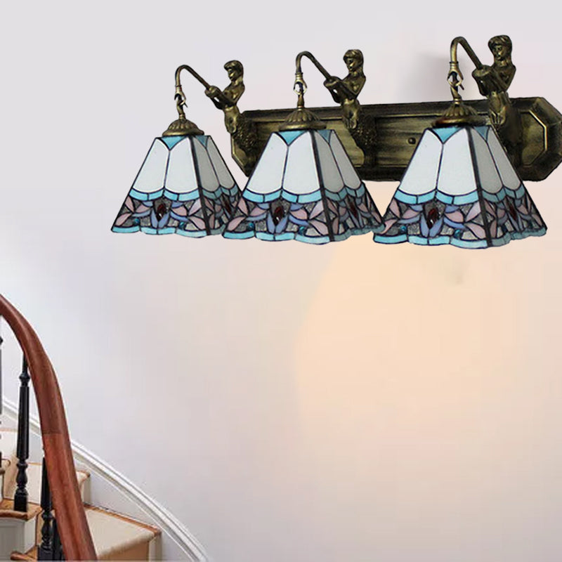 White Glass Trapezoid Wall Mounted Light Tiffany 3 Heads Orange/Blue Sconce Light Fixture Blue Clearhalo 'Industrial' 'Middle century wall lights' 'Tiffany wall lights' 'Tiffany' 'Wall Lamps & Sconces' 'Wall Lights' Lighting' 178506