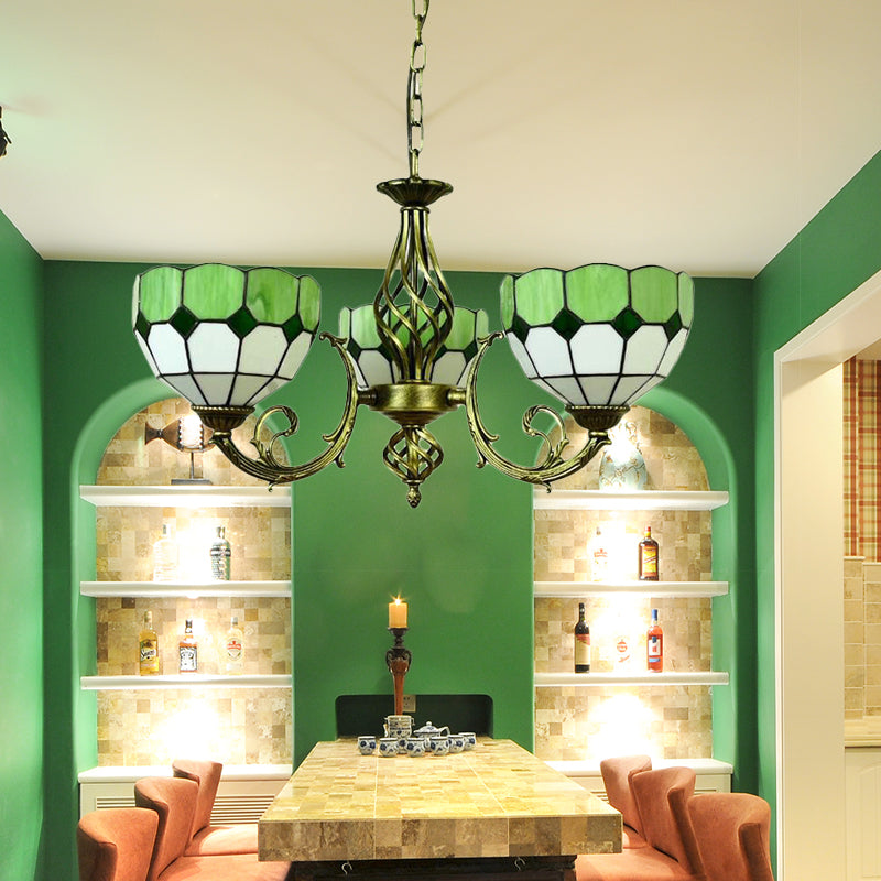 Yellow/Orange/Green Glass Lattice Bowl Pendant Lamp Dining Room 3 Bulbs Tiffany Classic Chandelier for Dining Room Clearhalo 'Ceiling Lights' 'Chandeliers' 'Industrial' 'Middle Century Chandeliers' 'Tiffany Chandeliers' 'Tiffany close to ceiling' 'Tiffany' Lighting' 178513