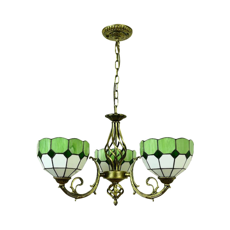 Yellow/Orange/Green Glass Lattice Bowl Pendant Lamp Dining Room 3 Bulbs Tiffany Classic Chandelier for Dining Room Clearhalo 'Ceiling Lights' 'Chandeliers' 'Industrial' 'Middle Century Chandeliers' 'Tiffany Chandeliers' 'Tiffany close to ceiling' 'Tiffany' Lighting' 178514