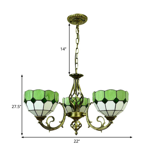 Yellow/Orange/Green Glass Lattice Bowl Pendant Lamp Dining Room 3 Bulbs Tiffany Classic Chandelier for Dining Room Clearhalo 'Ceiling Lights' 'Chandeliers' 'Industrial' 'Middle Century Chandeliers' 'Tiffany Chandeliers' 'Tiffany close to ceiling' 'Tiffany' Lighting' 178515