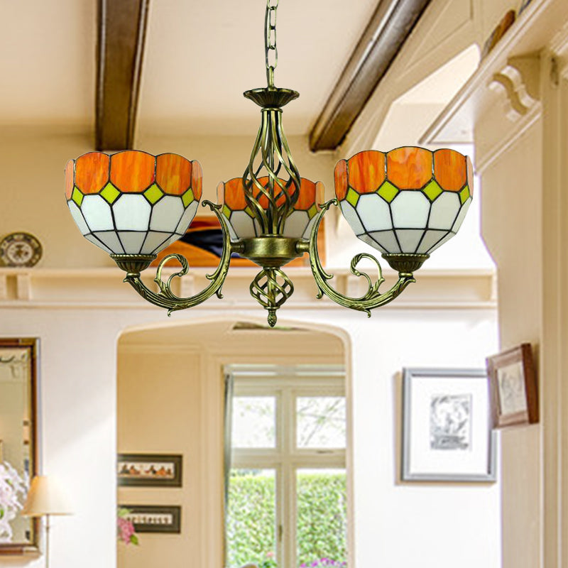Yellow/Orange/Green Glass Lattice Bowl Pendant Lamp Dining Room 3 Bulbs Tiffany Classic Chandelier for Dining Room Clearhalo 'Ceiling Lights' 'Chandeliers' 'Industrial' 'Middle Century Chandeliers' 'Tiffany Chandeliers' 'Tiffany close to ceiling' 'Tiffany' Lighting' 178516