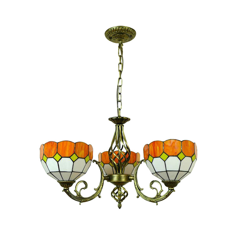 Yellow/Orange/Green Glass Lattice Bowl Pendant Lamp Dining Room 3 Bulbs Tiffany Classic Chandelier for Dining Room Clearhalo 'Ceiling Lights' 'Chandeliers' 'Industrial' 'Middle Century Chandeliers' 'Tiffany Chandeliers' 'Tiffany close to ceiling' 'Tiffany' Lighting' 178518