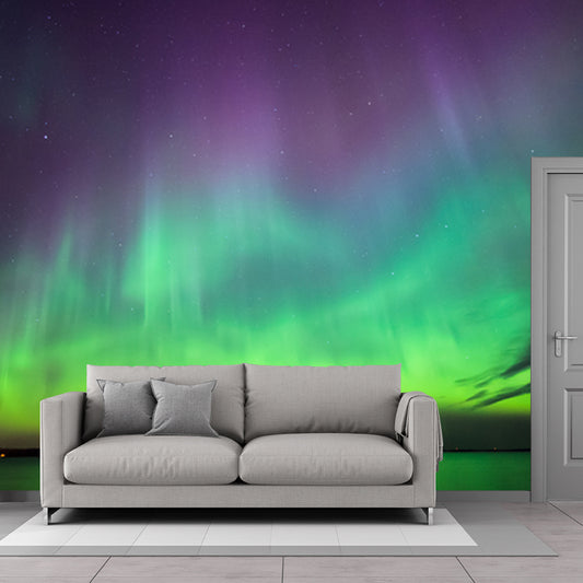 Draping Aurora over Lake Mural Wallpaper Purple-Green Nordic Wall Decor for Living Room Clearhalo 'Wall Decor' 'Wall Mural' 1785207