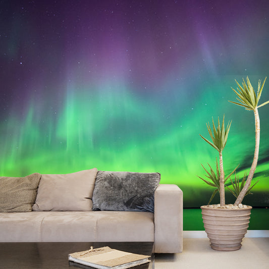 Draping Aurora over Lake Mural Wallpaper Purple-Green Nordic Wall Decor for Living Room Clearhalo 'Wall Decor' 'Wall Mural' 1785208