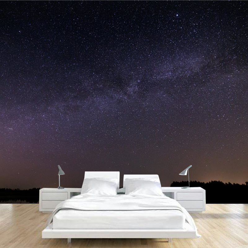 Serenity Night Lake Landscape Mural for Bedroom Starry Sky Wall Decor, Optional Size Purple-Yellow Clearhalo 'Wall Decor' 'Wall Mural' 1785211