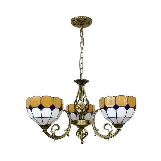 Yellow/Orange/Green Glass Lattice Bowl Pendant Lamp Dining Room 3 Bulbs Tiffany Classic Chandelier for Dining Room Clearhalo 'Ceiling Lights' 'Chandeliers' 'Industrial' 'Middle Century Chandeliers' 'Tiffany Chandeliers' 'Tiffany close to ceiling' 'Tiffany' Lighting' 178521