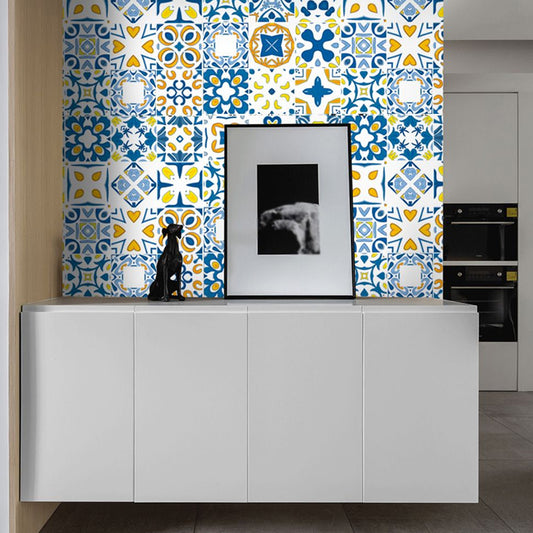 Yellow-Blue Boho Wallpaper Panels 10.3-sq ft Mosaic Tile Peel Wall Covering for Sitting Room Clearhalo 'Wall Decor' 'Wallpaper' 1785272