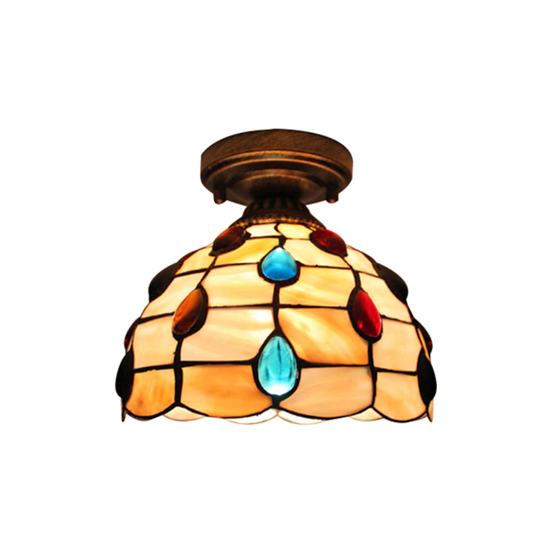 Restaurant Lattice Bowl Flush Ceiling Light with Jewelry Shell 1 Light Tiffany Class Ceiling Fixture in Beige/Yellow Clearhalo 'Ceiling Lights' 'Close To Ceiling Lights' 'Close to ceiling' 'Glass shade' 'Glass' 'Semi-flushmount' 'Tiffany close to ceiling' 'Tiffany' Lighting' 178537