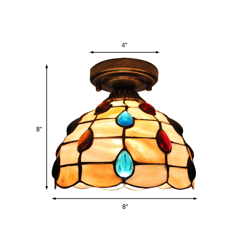 Restaurant Lattice Bowl Flush Ceiling Light with Jewelry Shell 1 Light Tiffany Class Ceiling Fixture in Beige/Yellow Clearhalo 'Ceiling Lights' 'Close To Ceiling Lights' 'Close to ceiling' 'Glass shade' 'Glass' 'Semi-flushmount' 'Tiffany close to ceiling' 'Tiffany' Lighting' 178538