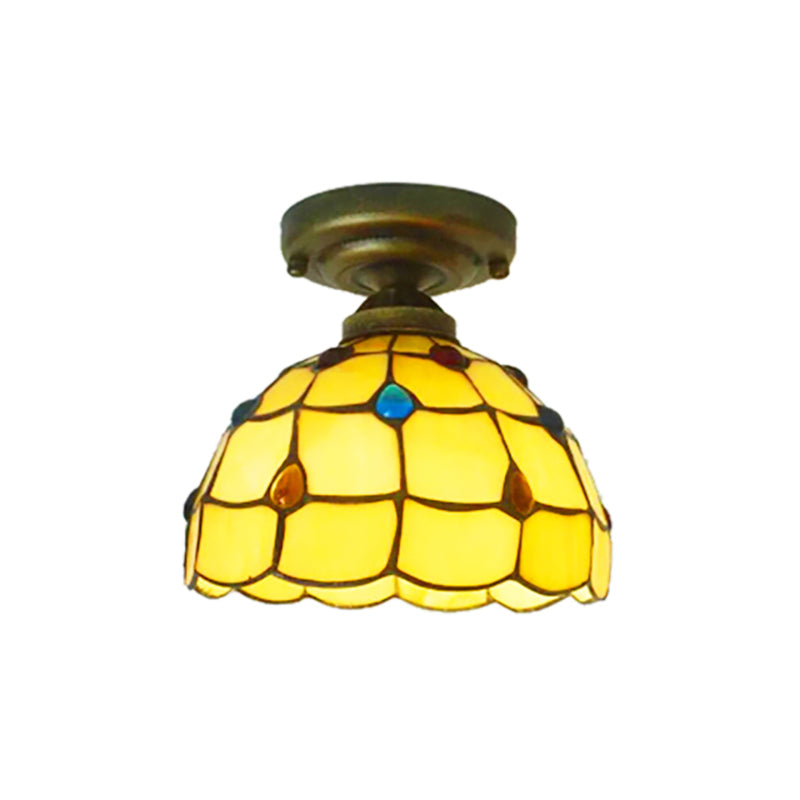 Restaurant Lattice Bowl Flush Ceiling Light with Jewelry Shell 1 Light Tiffany Class Ceiling Fixture in Beige/Yellow Clearhalo 'Ceiling Lights' 'Close To Ceiling Lights' 'Close to ceiling' 'Glass shade' 'Glass' 'Semi-flushmount' 'Tiffany close to ceiling' 'Tiffany' Lighting' 178540