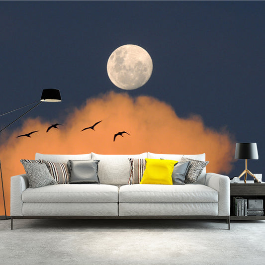 Modern Dusk Scenery Mural in Yellow-Blue Bird Flock and Moon Wall Art for Bedroom Clearhalo 'Wall Decor' 'Wall Mural' 1785406