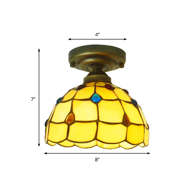 Restaurant Lattice Bowl Flush Ceiling Light with Jewelry Shell 1 Light Tiffany Class Ceiling Fixture in Beige/Yellow Clearhalo 'Ceiling Lights' 'Close To Ceiling Lights' 'Close to ceiling' 'Glass shade' 'Glass' 'Semi-flushmount' 'Tiffany close to ceiling' 'Tiffany' Lighting' 178541