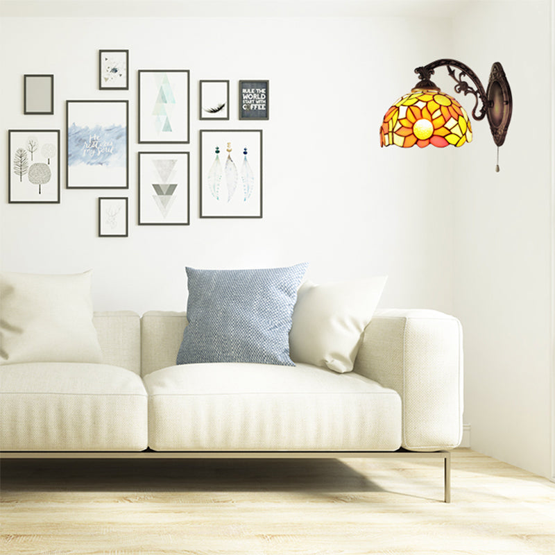 Rustic Tiffany Sunflower Wall Light with Engraved Arm 1 Head Stained Glass Wall Sconce for Living Room Orange Clearhalo 'Industrial' 'Middle century wall lights' 'Tiffany wall lights' 'Tiffany' 'Wall Lamps & Sconces' 'Wall Lights' Lighting' 178542