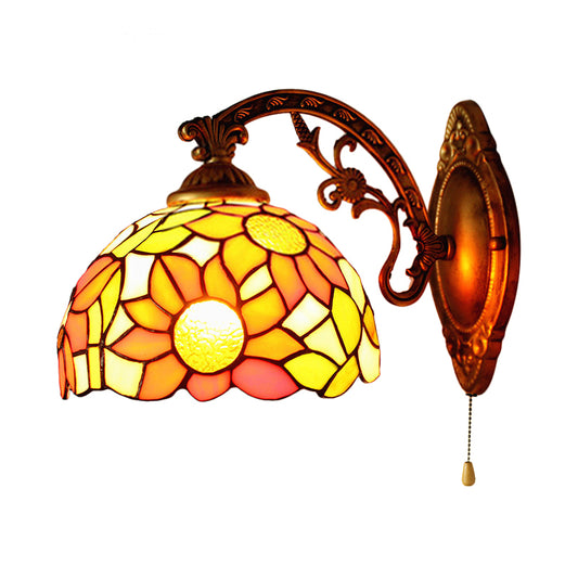 Rustic Tiffany Sunflower Wall Light with Engraved Arm 1 Head Stained Glass Wall Sconce for Living Room Clearhalo 'Industrial' 'Middle century wall lights' 'Tiffany wall lights' 'Tiffany' 'Wall Lamps & Sconces' 'Wall Lights' Lighting' 178544
