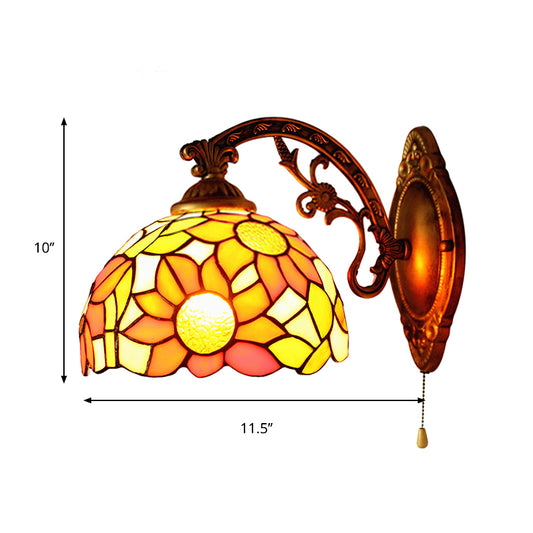 Rustic Tiffany Sunflower Wall Light with Engraved Arm 1 Head Stained Glass Wall Sconce for Living Room Clearhalo 'Industrial' 'Middle century wall lights' 'Tiffany wall lights' 'Tiffany' 'Wall Lamps & Sconces' 'Wall Lights' Lighting' 178545