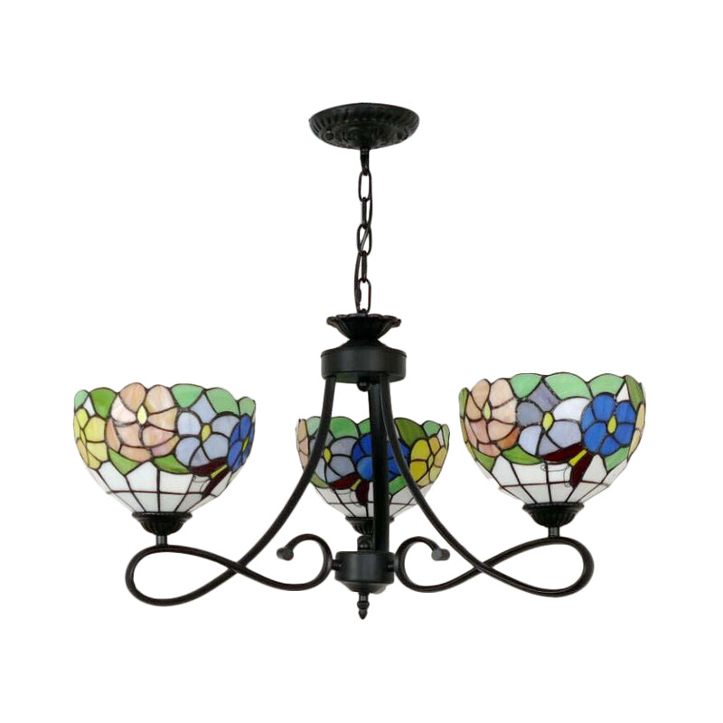 Stained Glass Dome Hanging Lamp with Petal 3 Heads Tiffany Rustic Chandelier with Flower/Rose/Dragonfly Pattern for Study Room Clearhalo 'Ceiling Lights' 'Chandeliers' 'Industrial' 'Middle Century Chandeliers' 'Tiffany Chandeliers' 'Tiffany close to ceiling' 'Tiffany' Lighting' 178548