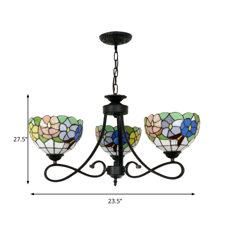 Stained Glass Dome Hanging Lamp with Petal 3 Heads Tiffany Rustic Chandelier with Flower/Rose/Dragonfly Pattern for Study Room Clearhalo 'Ceiling Lights' 'Chandeliers' 'Industrial' 'Middle Century Chandeliers' 'Tiffany Chandeliers' 'Tiffany close to ceiling' 'Tiffany' Lighting' 178549