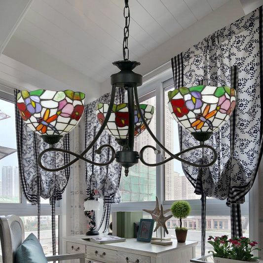 Stained Glass Dome Hanging Lamp with Petal 3 Heads Tiffany Rustic Chandelier with Flower/Rose/Dragonfly Pattern for Study Room Black Dragonfly Clearhalo 'Ceiling Lights' 'Chandeliers' 'Industrial' 'Middle Century Chandeliers' 'Tiffany Chandeliers' 'Tiffany close to ceiling' 'Tiffany' Lighting' 178550