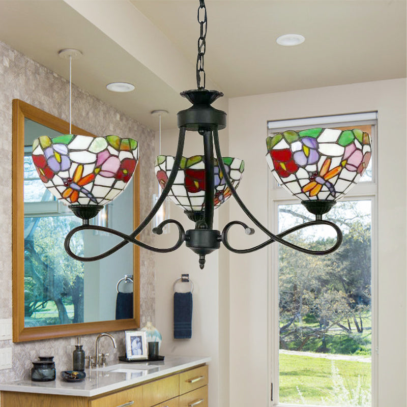 Stained Glass Dome Hanging Lamp with Petal 3 Heads Tiffany Rustic Chandelier with Flower/Rose/Dragonfly Pattern for Study Room Clearhalo 'Ceiling Lights' 'Chandeliers' 'Industrial' 'Middle Century Chandeliers' 'Tiffany Chandeliers' 'Tiffany close to ceiling' 'Tiffany' Lighting' 178551