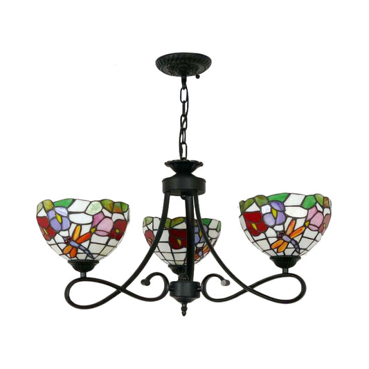 Stained Glass Dome Hanging Lamp with Petal 3 Heads Tiffany Rustic Chandelier with Flower/Rose/Dragonfly Pattern for Study Room Clearhalo 'Ceiling Lights' 'Chandeliers' 'Industrial' 'Middle Century Chandeliers' 'Tiffany Chandeliers' 'Tiffany close to ceiling' 'Tiffany' Lighting' 178552