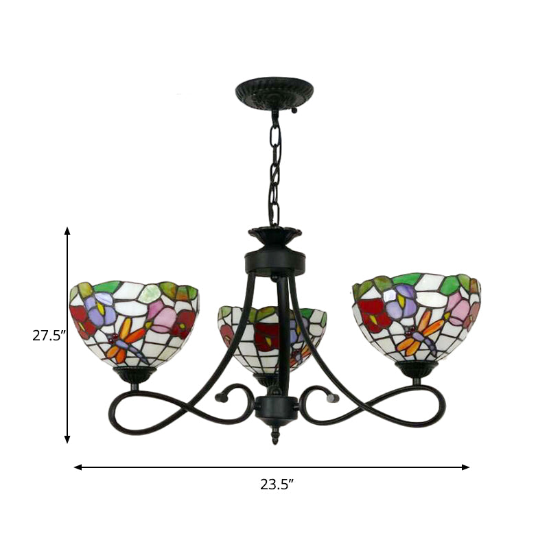 Stained Glass Dome Hanging Lamp with Petal 3 Heads Tiffany Rustic Chandelier with Flower/Rose/Dragonfly Pattern for Study Room Clearhalo 'Ceiling Lights' 'Chandeliers' 'Industrial' 'Middle Century Chandeliers' 'Tiffany Chandeliers' 'Tiffany close to ceiling' 'Tiffany' Lighting' 178553