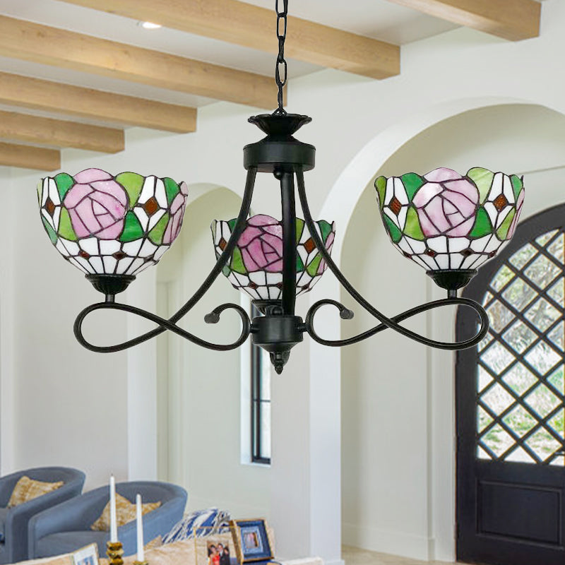 Stained Glass Dome Hanging Lamp with Petal 3 Heads Tiffany Rustic Chandelier with Flower/Rose/Dragonfly Pattern for Study Room Clearhalo 'Ceiling Lights' 'Chandeliers' 'Industrial' 'Middle Century Chandeliers' 'Tiffany Chandeliers' 'Tiffany close to ceiling' 'Tiffany' Lighting' 178555