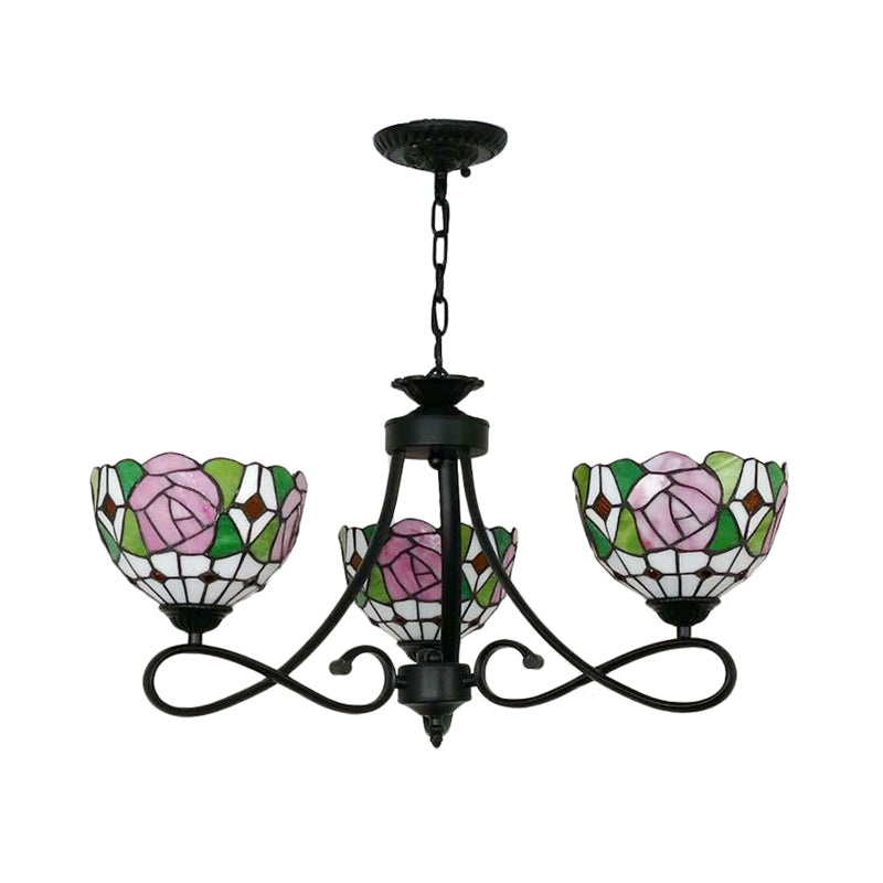 Stained Glass Dome Hanging Lamp with Petal 3 Heads Tiffany Rustic Chandelier with Flower/Rose/Dragonfly Pattern for Study Room Clearhalo 'Ceiling Lights' 'Chandeliers' 'Industrial' 'Middle Century Chandeliers' 'Tiffany Chandeliers' 'Tiffany close to ceiling' 'Tiffany' Lighting' 178556