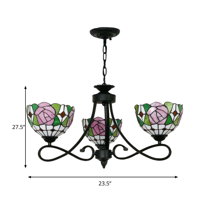 Stained Glass Dome Hanging Lamp with Petal 3 Heads Tiffany Rustic Chandelier with Flower/Rose/Dragonfly Pattern for Study Room Clearhalo 'Ceiling Lights' 'Chandeliers' 'Industrial' 'Middle Century Chandeliers' 'Tiffany Chandeliers' 'Tiffany close to ceiling' 'Tiffany' Lighting' 178557