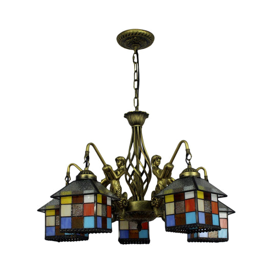 Antique Bronze 5 Lights Chandelier Light Fixture Tiffany Stained Glass House Pendant Lamp for Dining Room Clearhalo 'Ceiling Lights' 'Chandeliers' 'Industrial' 'Middle Century Chandeliers' 'Pendant Lights' 'Tiffany Chandeliers' 'Tiffany close to ceiling' 'Tiffany' Lighting' 178560