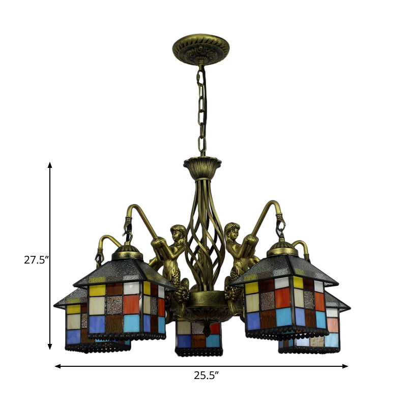 Antique Bronze 5 Lights Chandelier Light Fixture Tiffany Stained Glass House Pendant Lamp for Dining Room Clearhalo 'Ceiling Lights' 'Chandeliers' 'Industrial' 'Middle Century Chandeliers' 'Pendant Lights' 'Tiffany Chandeliers' 'Tiffany close to ceiling' 'Tiffany' Lighting' 178561