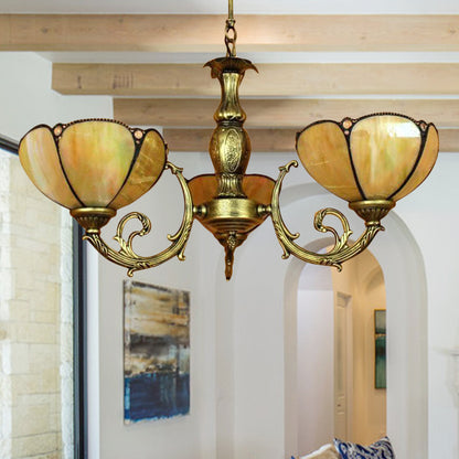 6/3 Bulbs Traditional Tiffany Dome Hanging Light Art Glass and Metal Chandelier in Yellow for Bedroom 3 Yellow Clearhalo 'Ceiling Lights' 'Chandeliers' 'Industrial' 'Middle Century Chandeliers' 'Pendant Lights' 'Tiffany Chandeliers' 'Tiffany close to ceiling' 'Tiffany' Lighting' 178572