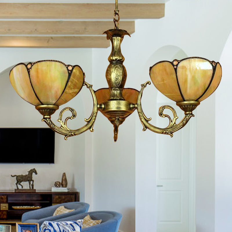 6/3 Bulbs Traditional Tiffany Dome Hanging Light Art Glass and Metal Chandelier in Yellow for Bedroom Clearhalo 'Ceiling Lights' 'Chandeliers' 'Industrial' 'Middle Century Chandeliers' 'Pendant Lights' 'Tiffany Chandeliers' 'Tiffany close to ceiling' 'Tiffany' Lighting' 178573
