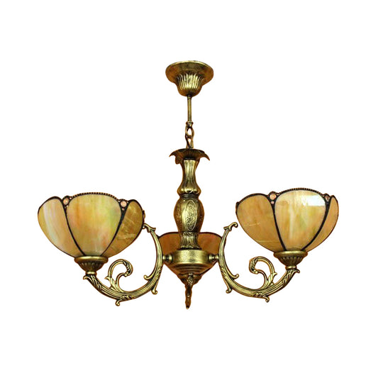 6/3 Bulbs Traditional Tiffany Dome Hanging Light Art Glass and Metal Chandelier in Yellow for Bedroom Clearhalo 'Ceiling Lights' 'Chandeliers' 'Industrial' 'Middle Century Chandeliers' 'Pendant Lights' 'Tiffany Chandeliers' 'Tiffany close to ceiling' 'Tiffany' Lighting' 178574