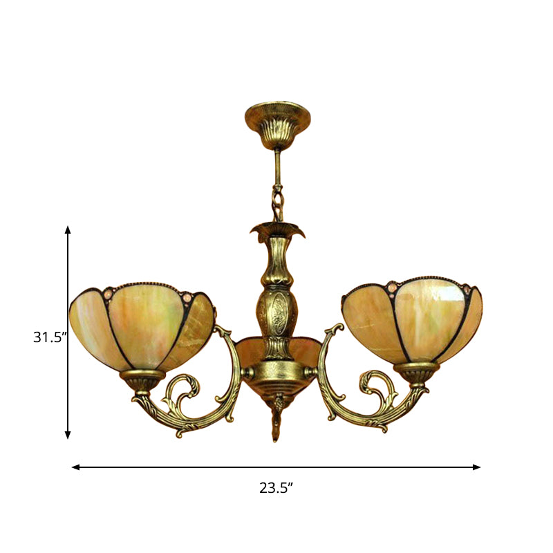 6/3 Bulbs Traditional Tiffany Dome Hanging Light Art Glass and Metal Chandelier in Yellow for Bedroom Clearhalo 'Ceiling Lights' 'Chandeliers' 'Industrial' 'Middle Century Chandeliers' 'Pendant Lights' 'Tiffany Chandeliers' 'Tiffany close to ceiling' 'Tiffany' Lighting' 178575