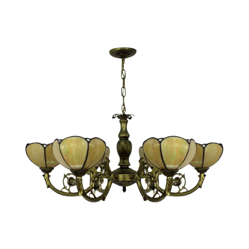 6/3 Bulbs Traditional Tiffany Dome Hanging Light Art Glass and Metal Chandelier in Yellow for Bedroom Clearhalo 'Ceiling Lights' 'Chandeliers' 'Industrial' 'Middle Century Chandeliers' 'Pendant Lights' 'Tiffany Chandeliers' 'Tiffany close to ceiling' 'Tiffany' Lighting' 178578