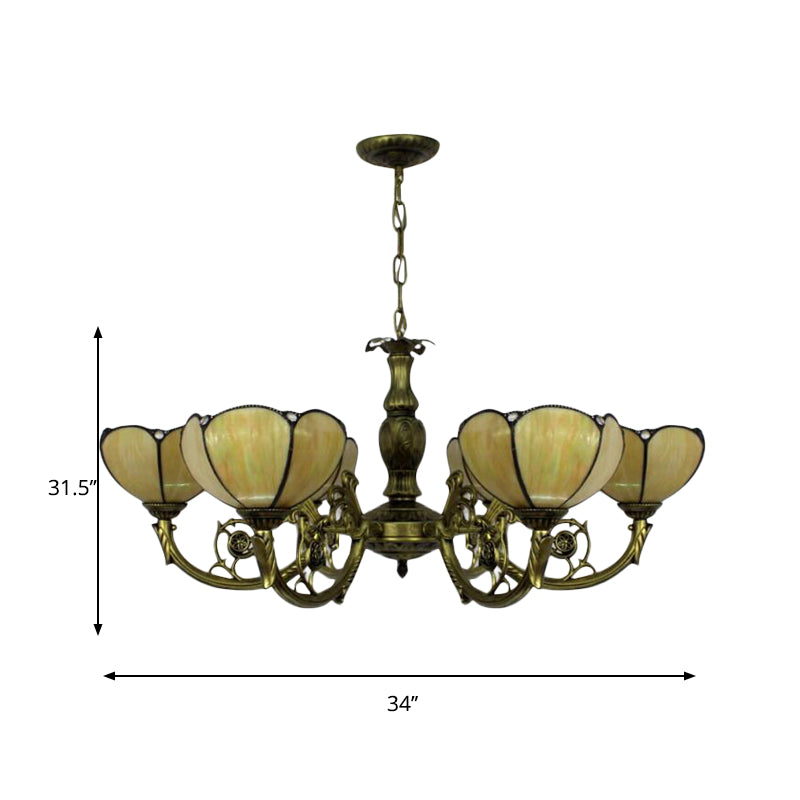 6/3 Bulbs Traditional Tiffany Dome Hanging Light Art Glass and Metal Chandelier in Yellow for Bedroom Clearhalo 'Ceiling Lights' 'Chandeliers' 'Industrial' 'Middle Century Chandeliers' 'Pendant Lights' 'Tiffany Chandeliers' 'Tiffany close to ceiling' 'Tiffany' Lighting' 178579