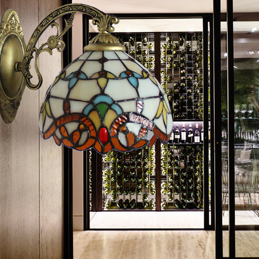 Beige Domed Wall Light with Engraved Arm 1 Light Tiffany Victoria Stained Glass Wall Lamp for Corridor Beige Clearhalo 'Industrial' 'Middle century wall lights' 'Tiffany wall lights' 'Tiffany' 'Wall Lamps & Sconces' 'Wall Lights' Lighting' 178580