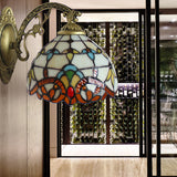 Beige Domed Wall Light with Engraved Arm 1 Light Tiffany Victoria Stained Glass Wall Lamp for Corridor Beige Clearhalo 'Industrial' 'Middle century wall lights' 'Tiffany wall lights' 'Tiffany' 'Wall Lamps & Sconces' 'Wall Lights' Lighting' 178580