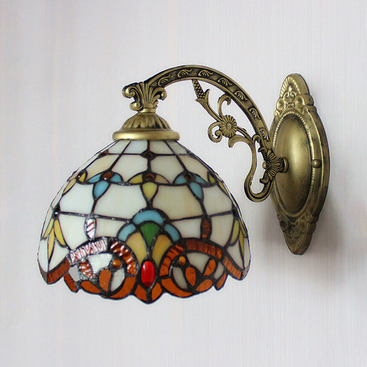 Beige Domed Wall Light with Engraved Arm 1 Light Tiffany Victoria Stained Glass Wall Lamp for Corridor Clearhalo 'Industrial' 'Middle century wall lights' 'Tiffany wall lights' 'Tiffany' 'Wall Lamps & Sconces' 'Wall Lights' Lighting' 178581
