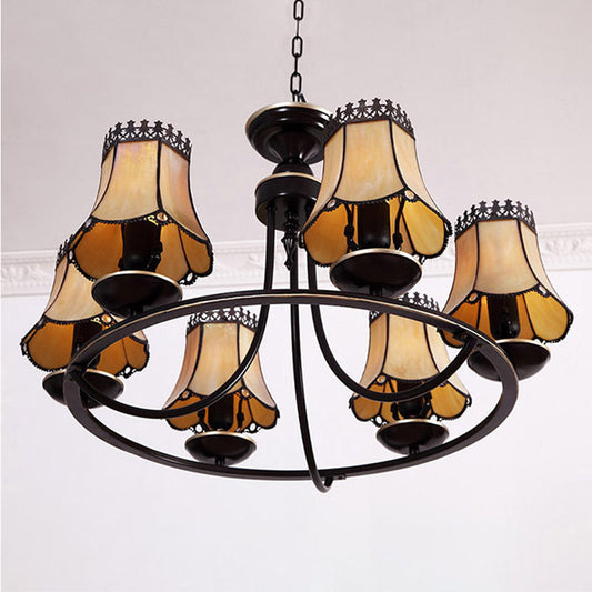 Vintage Style Ring Pendant Light with Tapered Shade Glass 6 Lights Yellow Chandelier for Hotel Clearhalo 'Ceiling Lights' 'Chandeliers' 'Close To Ceiling Lights' 'Industrial' 'Middle Century Chandeliers' 'Tiffany Chandeliers' 'Tiffany close to ceiling' 'Tiffany' Lighting' 178585