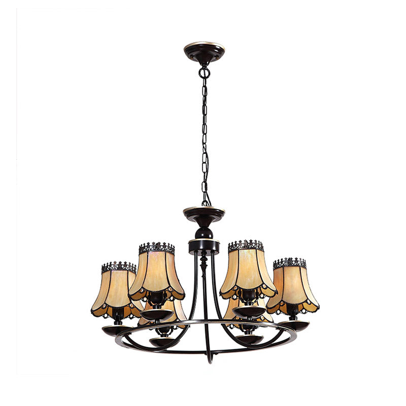 Vintage Style Ring Pendant Light with Tapered Shade Glass 6 Lights Yellow Chandelier for Hotel Clearhalo 'Ceiling Lights' 'Chandeliers' 'Close To Ceiling Lights' 'Industrial' 'Middle Century Chandeliers' 'Tiffany Chandeliers' 'Tiffany close to ceiling' 'Tiffany' Lighting' 178586