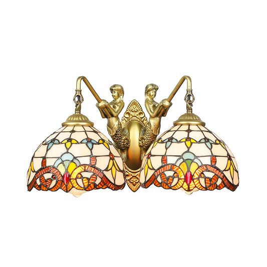 Brass Dome Wall Mount Light Baroque 2 Heads Beige Glass Sconce Light with Mermaid Decoration Clearhalo 'Industrial' 'Middle century wall lights' 'Tiffany wall lights' 'Tiffany' 'Wall Lamps & Sconces' 'Wall Lights' Lighting' 178590