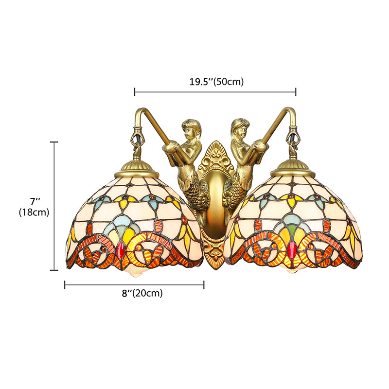Brass Dome Wall Mount Light Baroque 2 Heads Beige Glass Sconce Light with Mermaid Decoration Clearhalo 'Industrial' 'Middle century wall lights' 'Tiffany wall lights' 'Tiffany' 'Wall Lamps & Sconces' 'Wall Lights' Lighting' 178591