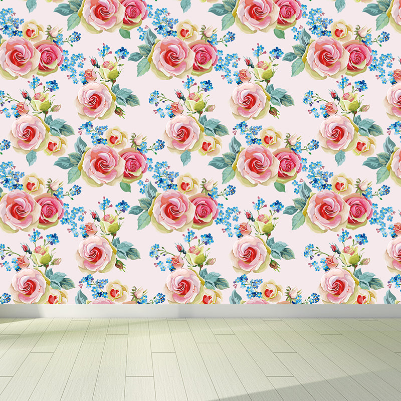 Pastel Blossoming Flowers Wall Mural Waterproofing Contemporary Girls Room Wall Art Pink Clearhalo 'Wall Decor' 'Wall Mural' 1785938