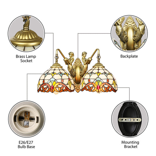 Brass Dome Wall Mount Light Baroque 2 Heads Beige Glass Sconce Light with Mermaid Decoration Clearhalo 'Industrial' 'Middle century wall lights' 'Tiffany wall lights' 'Tiffany' 'Wall Lamps & Sconces' 'Wall Lights' Lighting' 178593