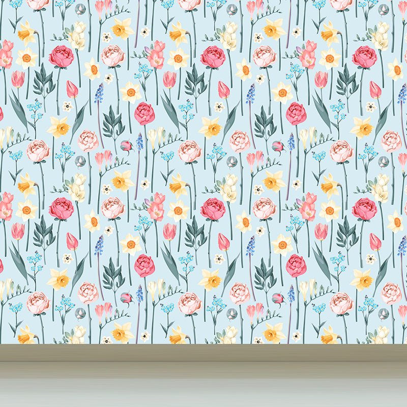 Pastel Blossoming Flowers Wall Mural Waterproofing Contemporary Girls Room Wall Art Blue Clearhalo 'Wall Decor' 'Wall Mural' 1785948