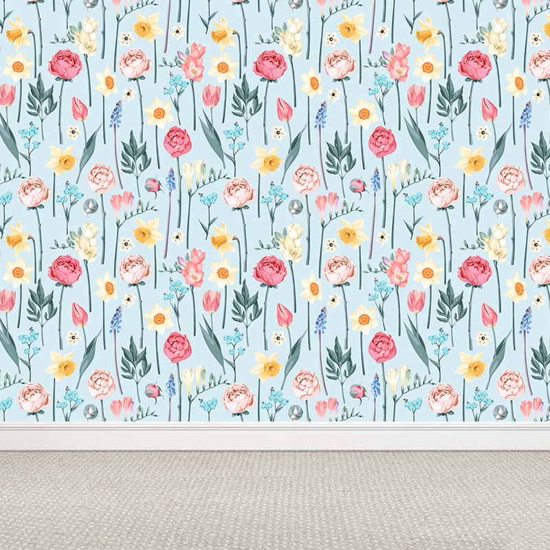 Pastel Blossoming Flowers Wall Mural Waterproofing Contemporary Girls Room Wall Art Clearhalo 'Wall Decor' 'Wall Mural' 1785949