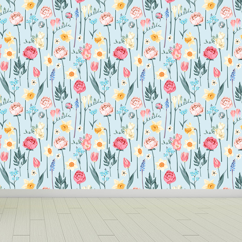 Pastel Blossoming Flowers Wall Mural Waterproofing Contemporary Girls Room Wall Art Clearhalo 'Wall Decor' 'Wall Mural' 1785950